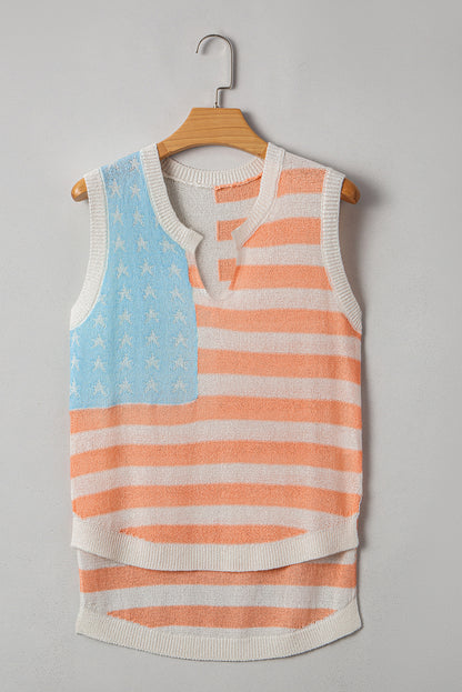 Pink Stripe Flag Knit Tank – V Neck Sleeveless Relaxed Top