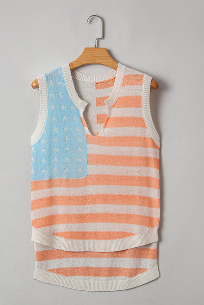 Pink Stripe Flag Knit Tank – V Neck Sleeveless Relaxed Top