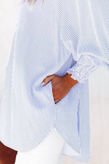 Striped Oversized Button Up Shirt – Smocked Cuff Coastal Top
