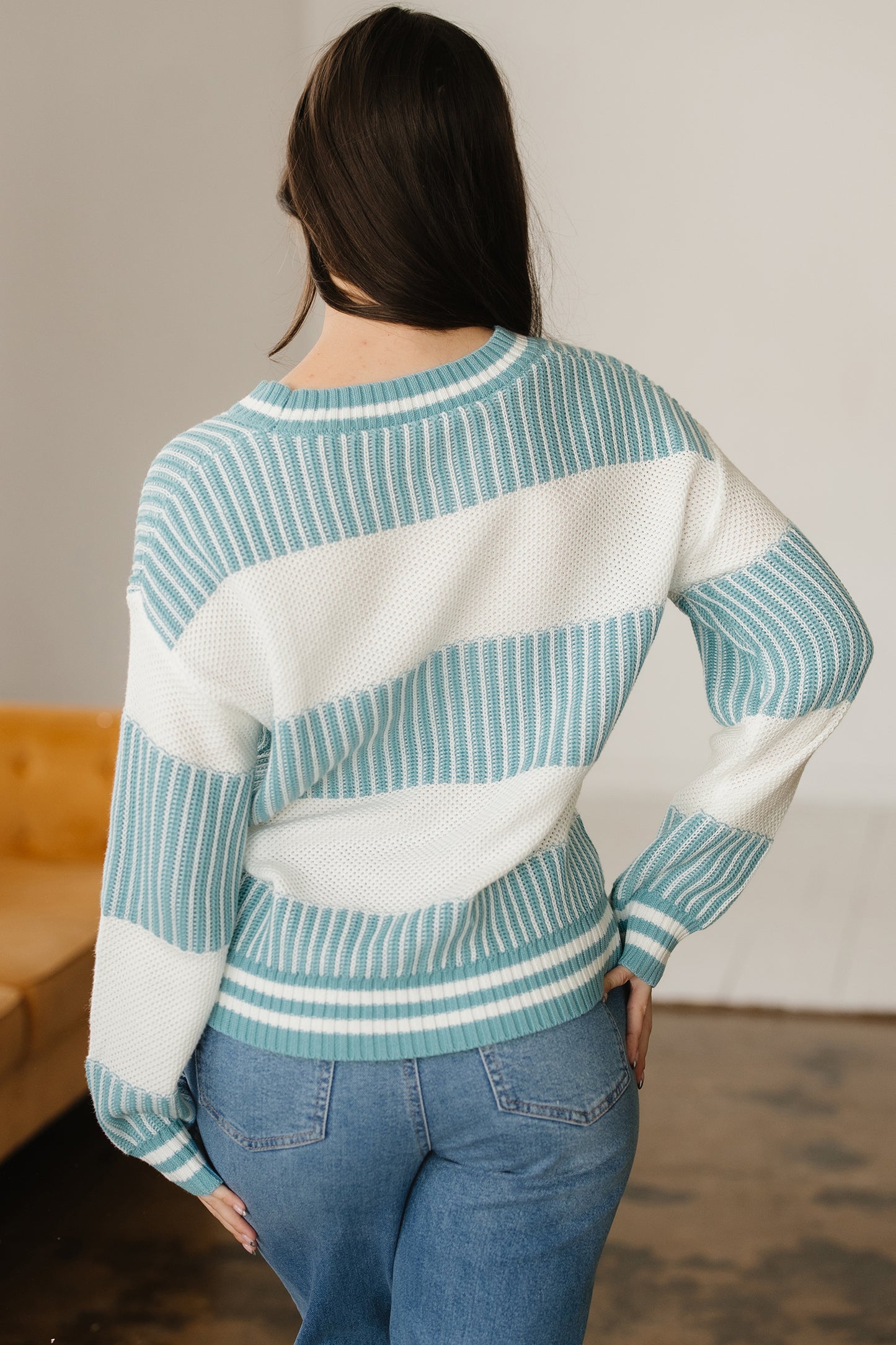 Two Tone Striped Patchwork Drop Shoulder Loose Sweater