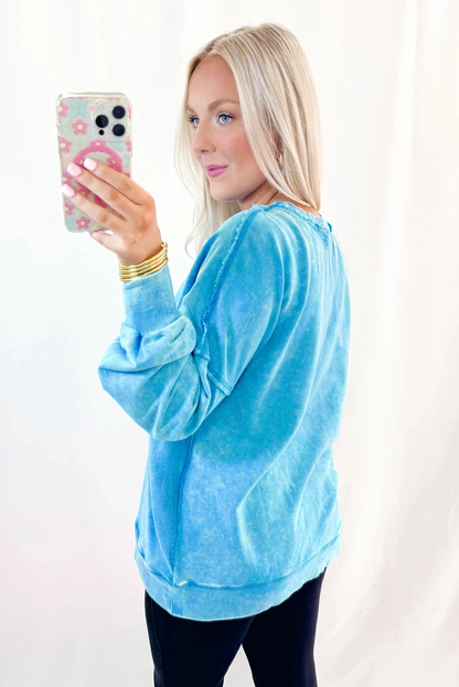 Blue Mineral Wash Sweatshirt – Drop Shoulder Raw Seam Pullover