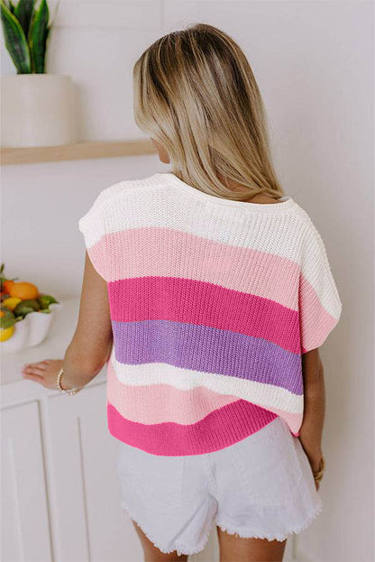 Multicolor Colorblock Knit T Shirt – V Neck Striped Short Sleeve Sweater