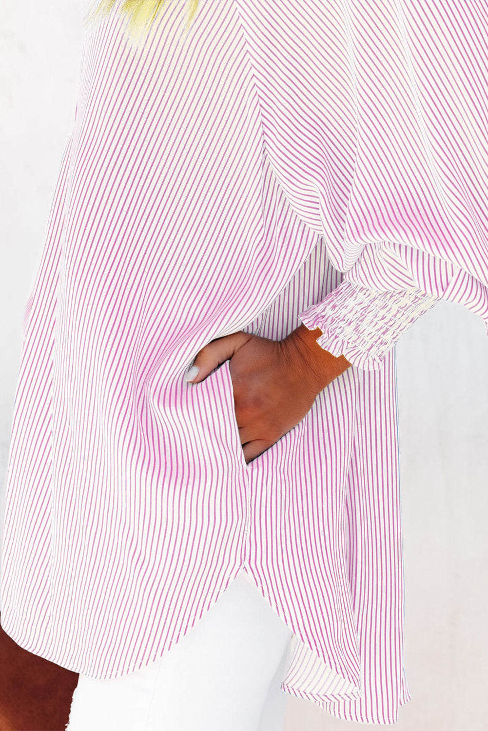 Striped Oversized Button Up Shirt – Smocked Cuff Coastal Top