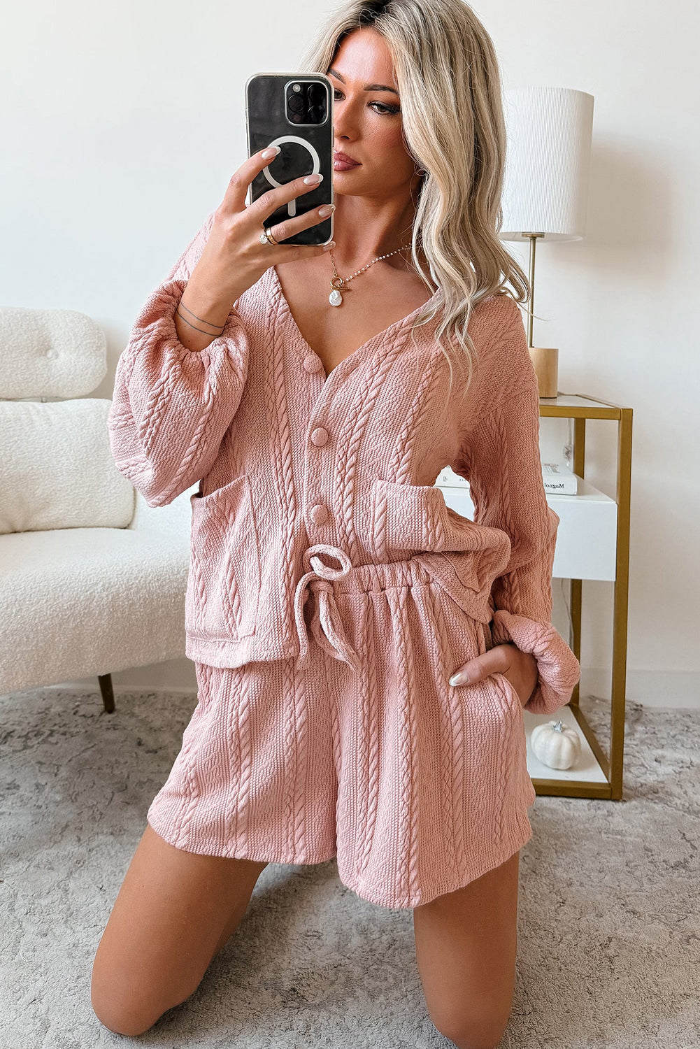 Gossamer Pink Button Cardigan Two Piece Short Set – Cable Knit Lounge Set