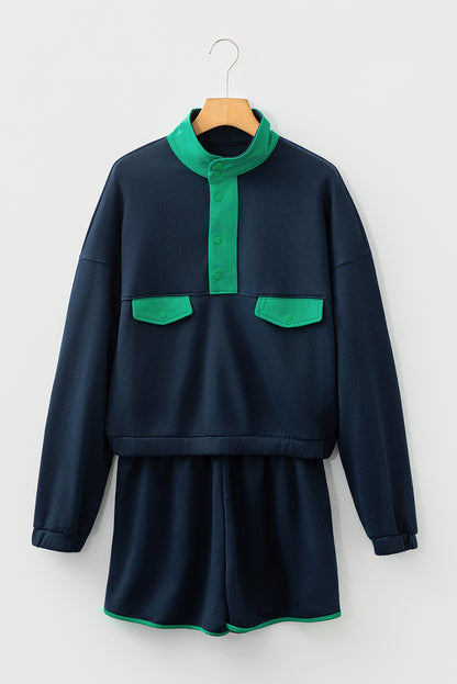 Navy Colorblock Pullover + Shorts Set 2pcs Outfit