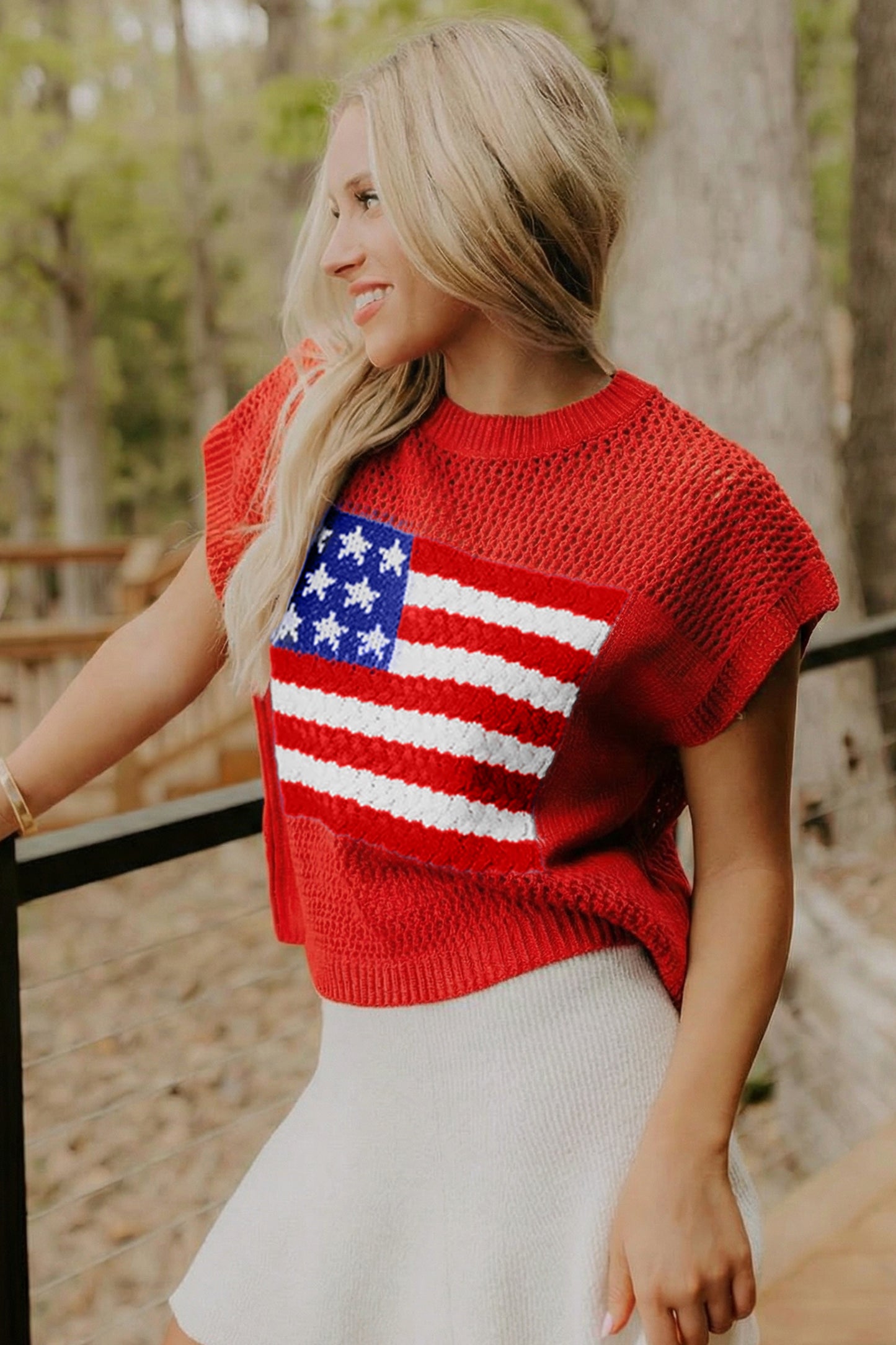 Sky Blue American Flag Knit Top – Short Sleeve Loose Sweater