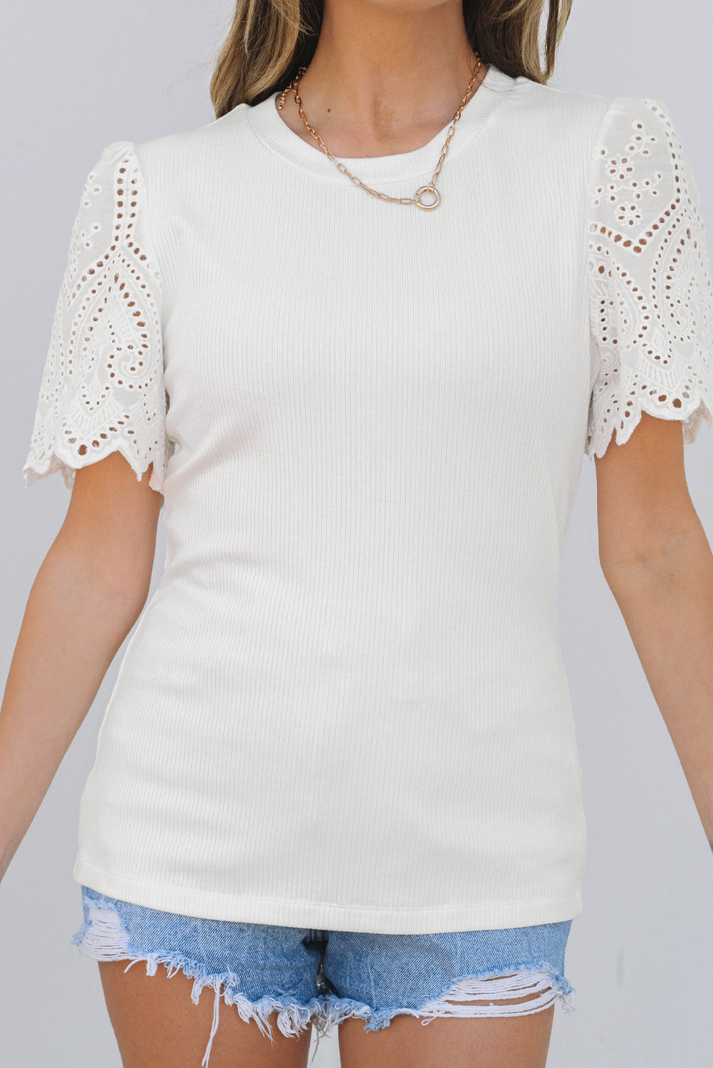 White Lace Patchwork Eyelet Top