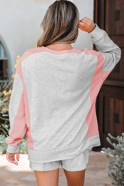 Grey & Pink Colorblock Pullover + Shorts Set – Sporty Coastal Style
