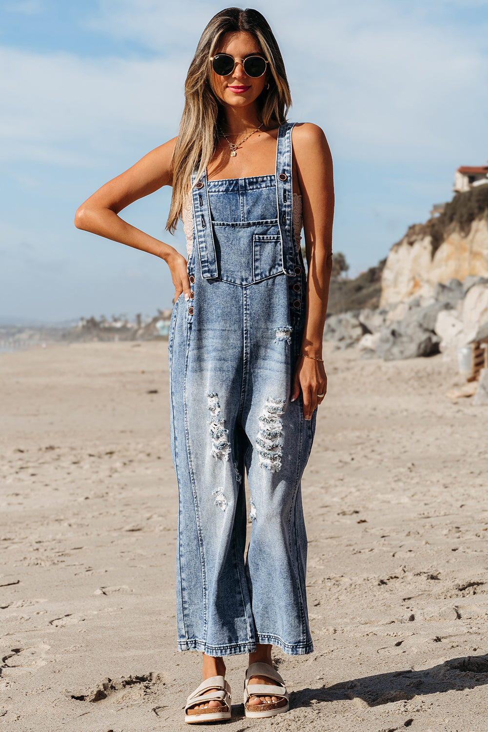 Stone Blue Wide Leg Denim Jumpsuit – Button Bib Pocket Overalls