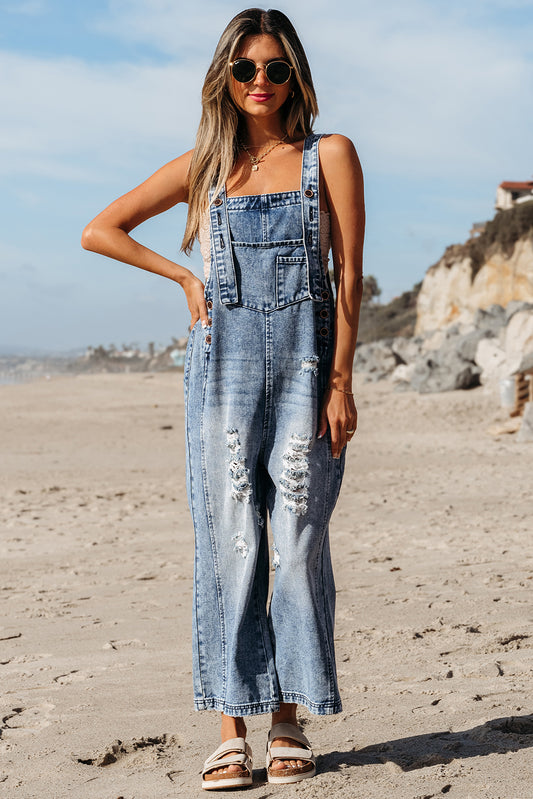 Stone Blue Wide Leg Denim Jumpsuit – Button Bib Pocket Overalls