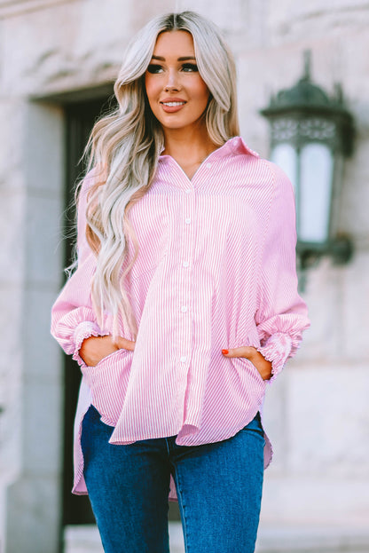 Striped Oversized Button Up Shirt – Smocked Cuff Coastal Top
