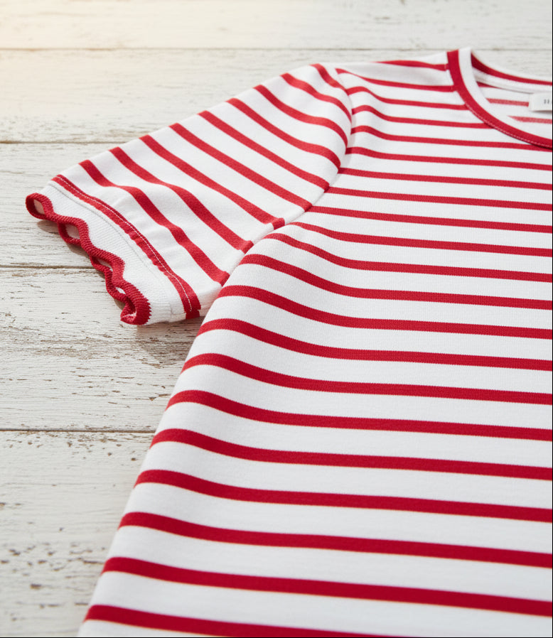 Red Stripe Two Piece Short Set – Scalloped Trim Lounge Outfit