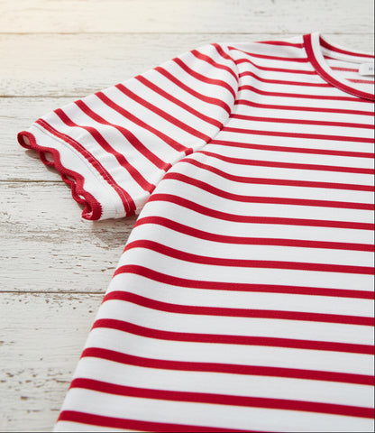 Red Stripe Two Piece Short Set – Scalloped Trim Lounge Outfit