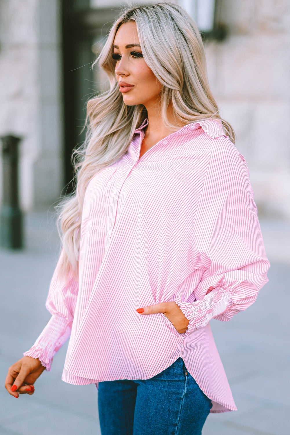 Striped Oversized Button Up Shirt – Smocked Cuff Coastal Top