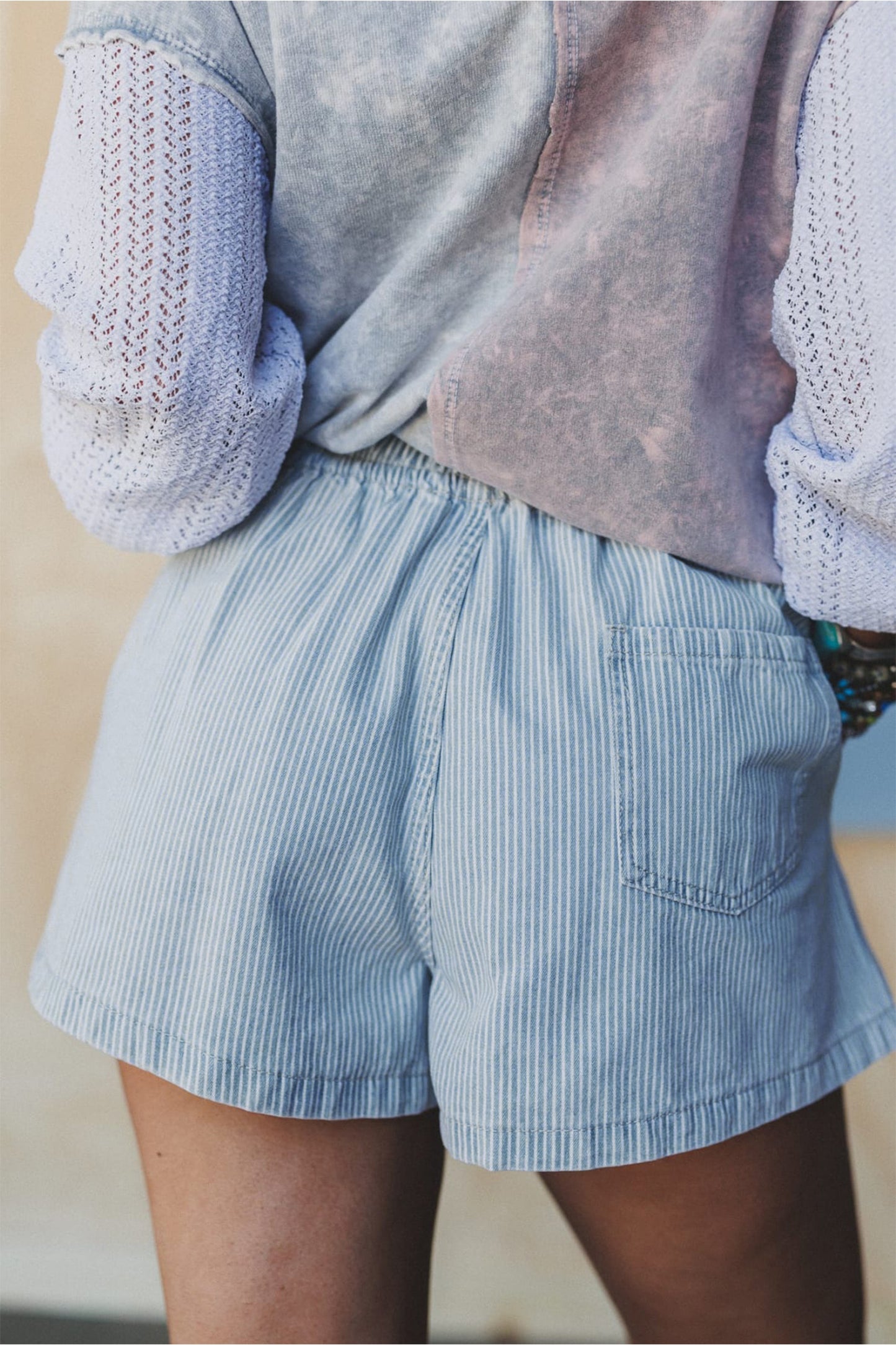 Sky Blue Stripe Denim Shorts – High Waist Drawstring Summer Shorts