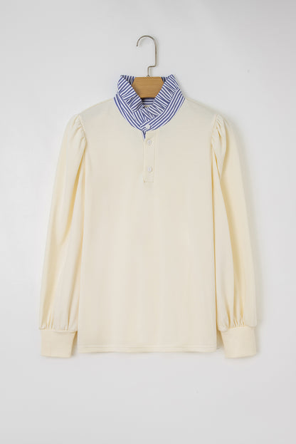 White Striped Collar Ruffle Sweatshirt