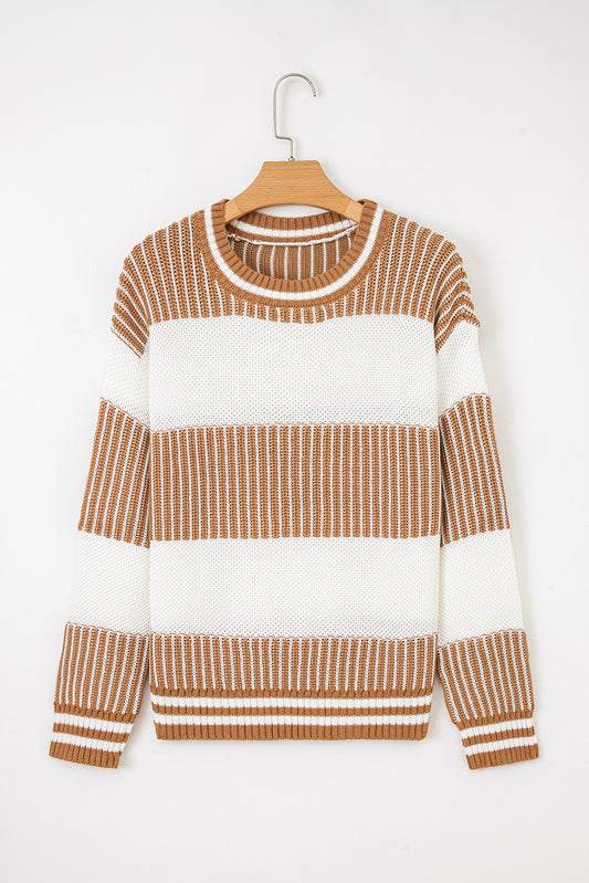 Two Tone Striped Patchwork Drop Shoulder Loose Sweater