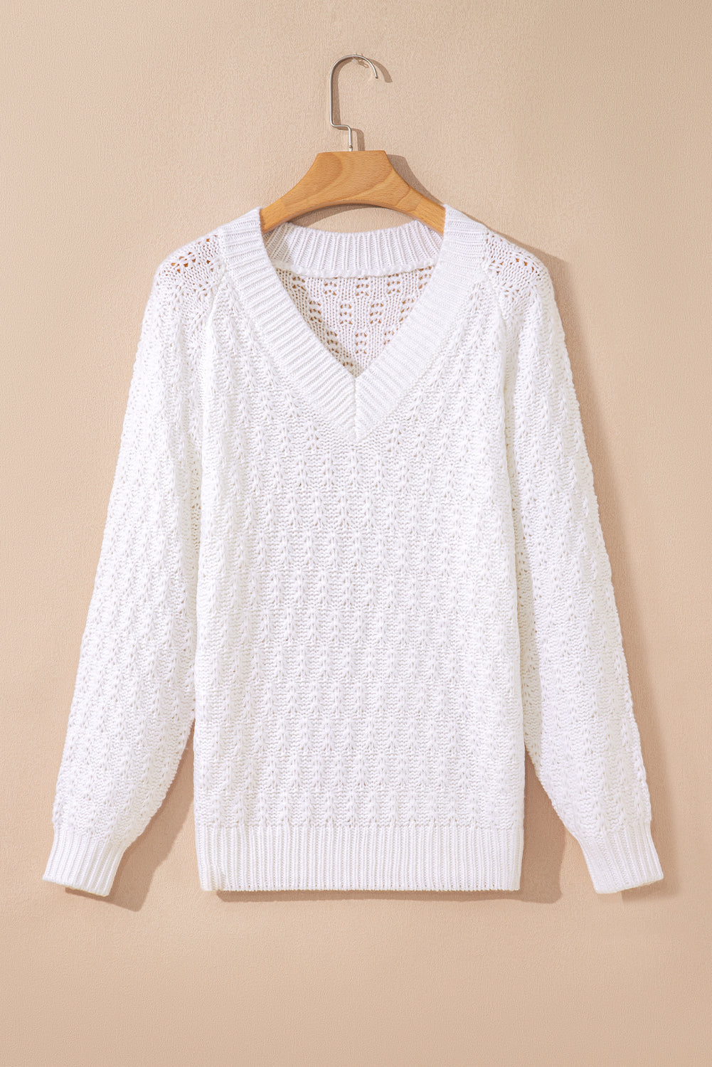 White Textured Knit Ribbed Edge V Neck Loose Sweater