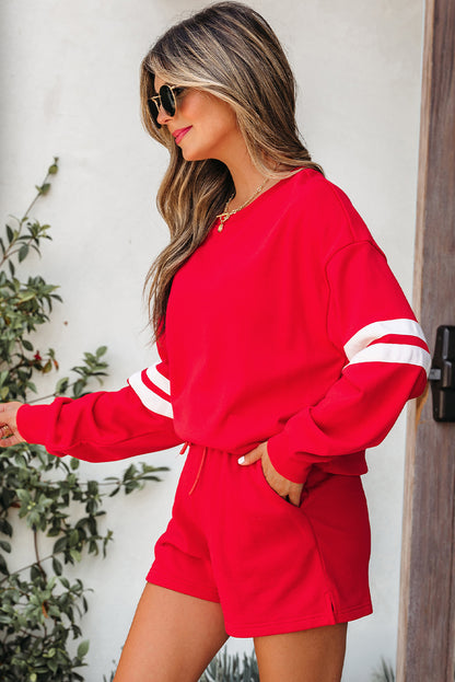 Varsity Two Piece Short Set – Drop Shoulder Pullover Lounge Set