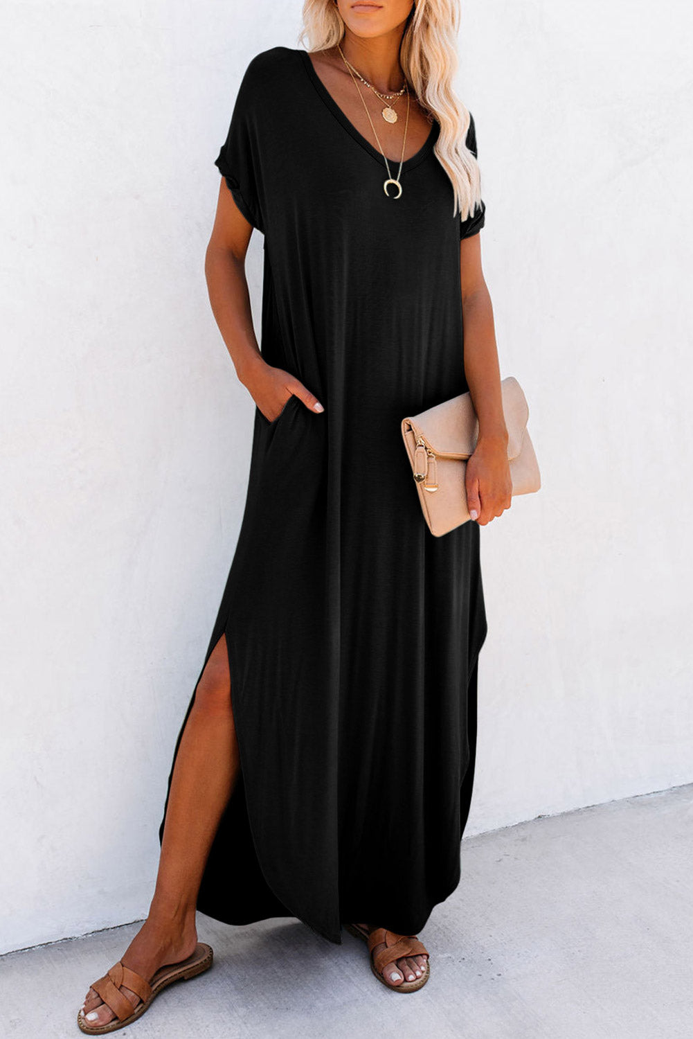 V Neck Maxi T Shirt Dress – Side Split Casual Dress with Pockets