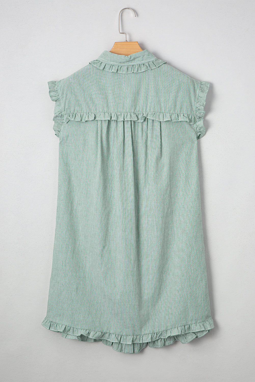 Green Stripe Button Mini Shirt Dress – Frill Detail Casual Cotton Dress