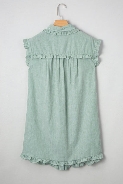 Green Stripe Button Mini Shirt Dress – Frill Detail Casual Cotton Dress
