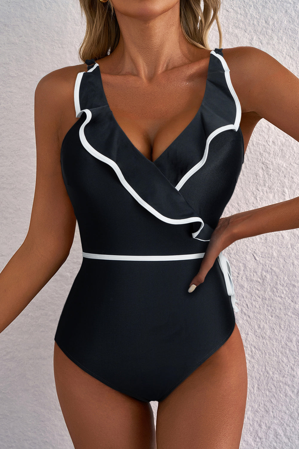 Black & White Ruffle One Piece Swimsuit – V Neck Waist Tie Swimwear