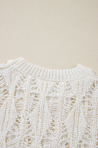White Ripped Crochet Knit Sweater
