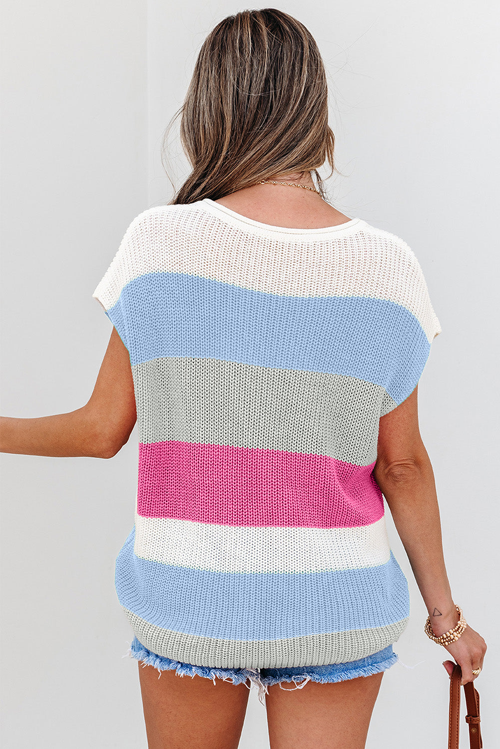 Multicolor Colorblock Knit T Shirt – V Neck Striped Short Sleeve Sweater