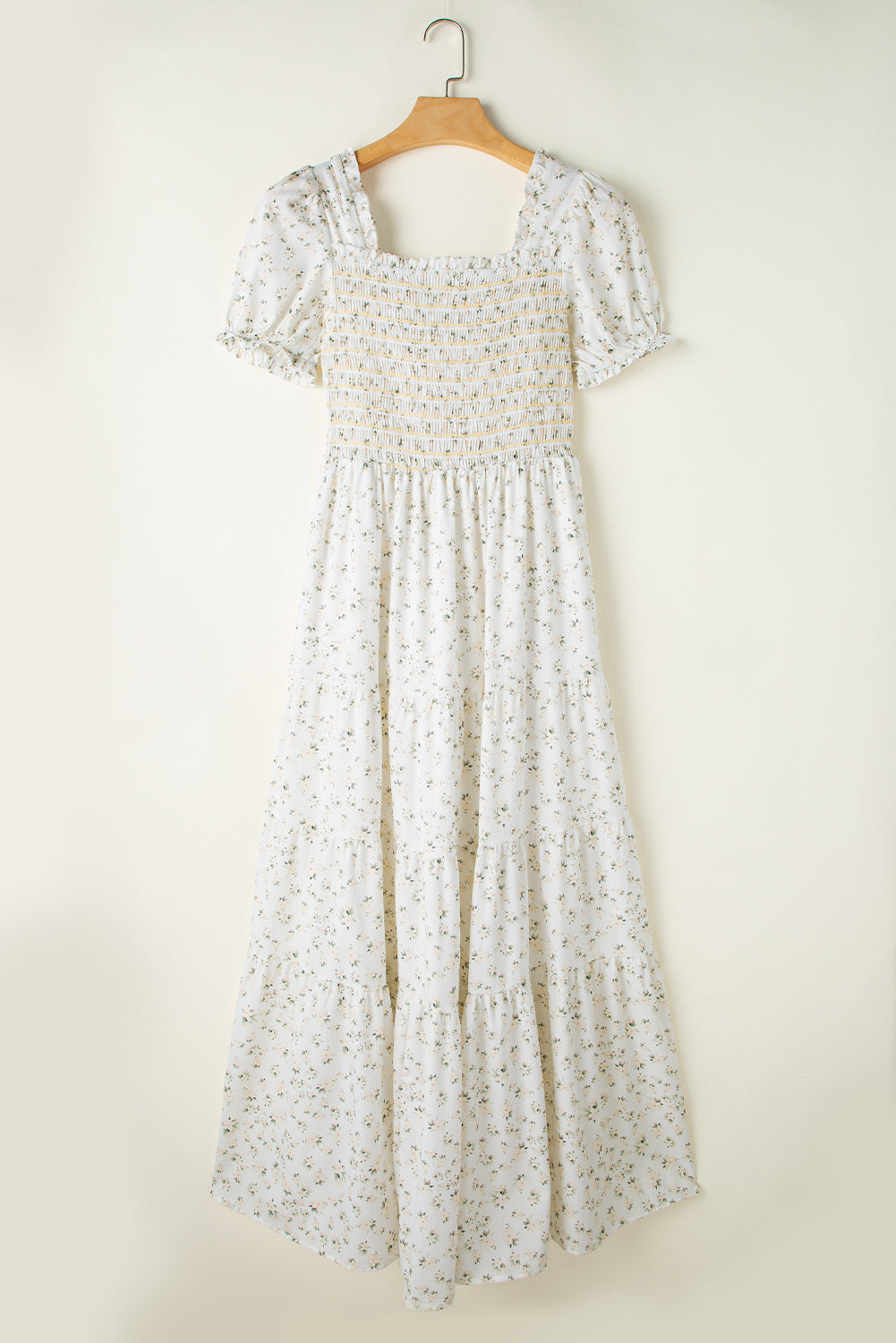 White Floral Shirred Maxi Dress – Square Neck Puff Sleeve Tiered Dress
