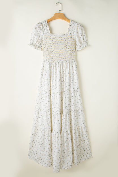 White Floral Shirred Maxi Dress – Square Neck Puff Sleeve Tiered Dress