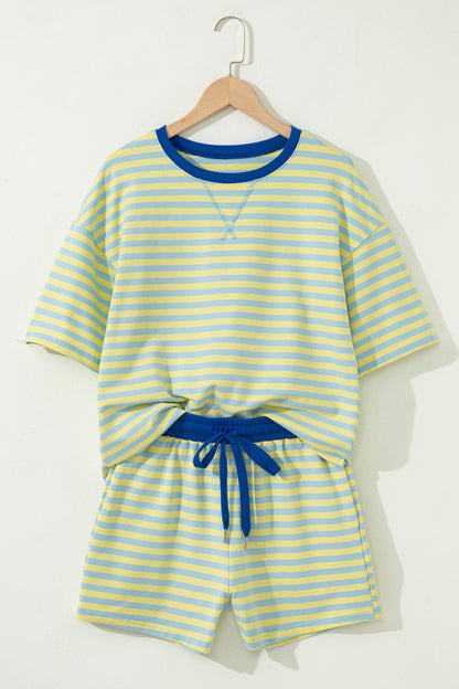 Stripe Terry Two Piece Short Set – Drop Shoulder Lounge Set