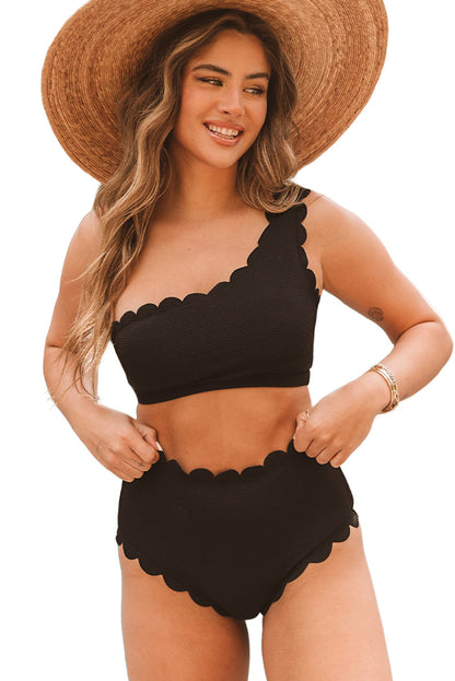 Black One Shoulder Scallop Bikini Set – Padded Wire Free Swimwear