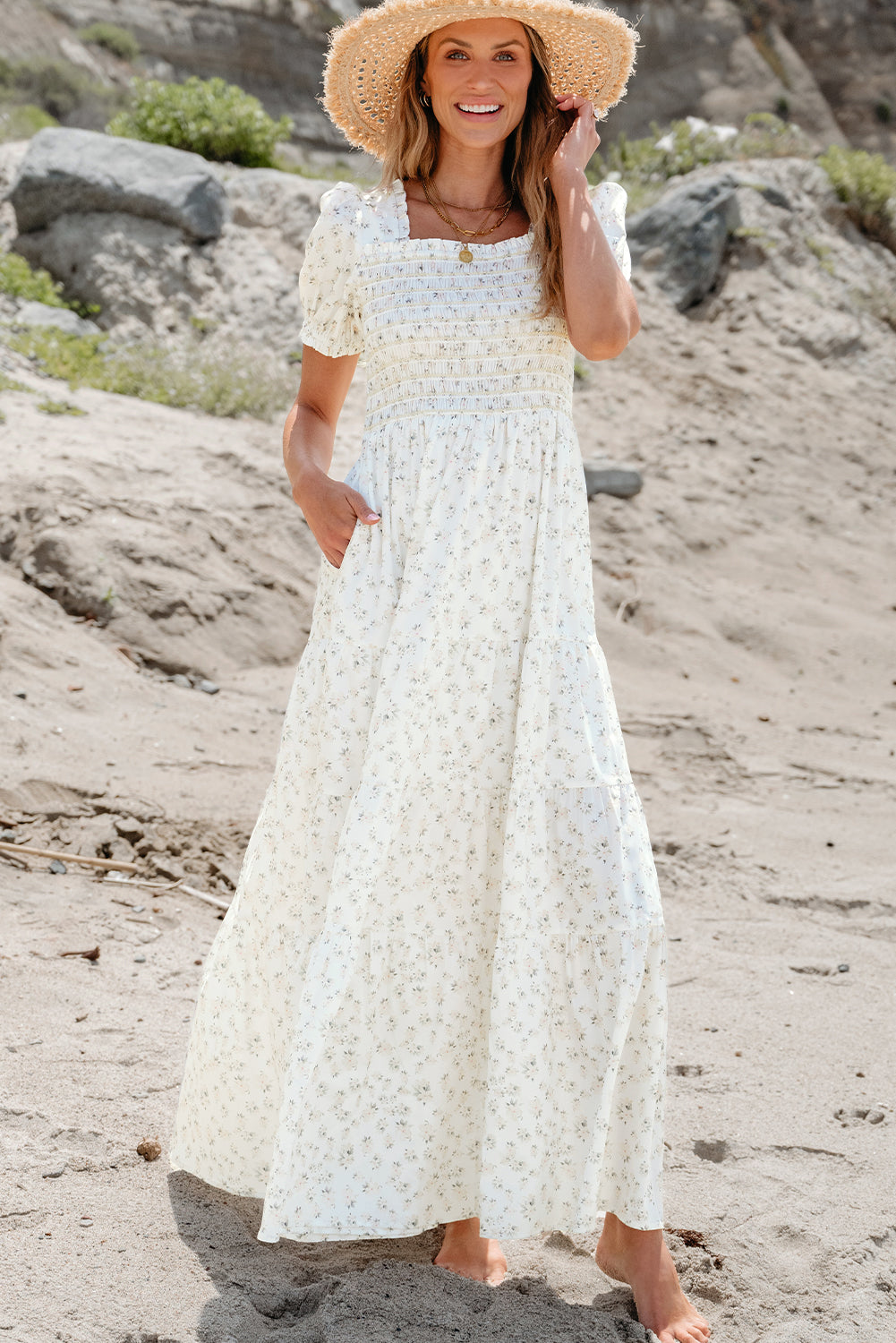 White Floral Shirred Maxi Dress – Square Neck Puff Sleeve Tiered Dress