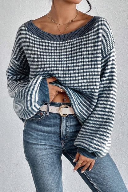 Sail Blue Striped Lantern Sleeve Sweater