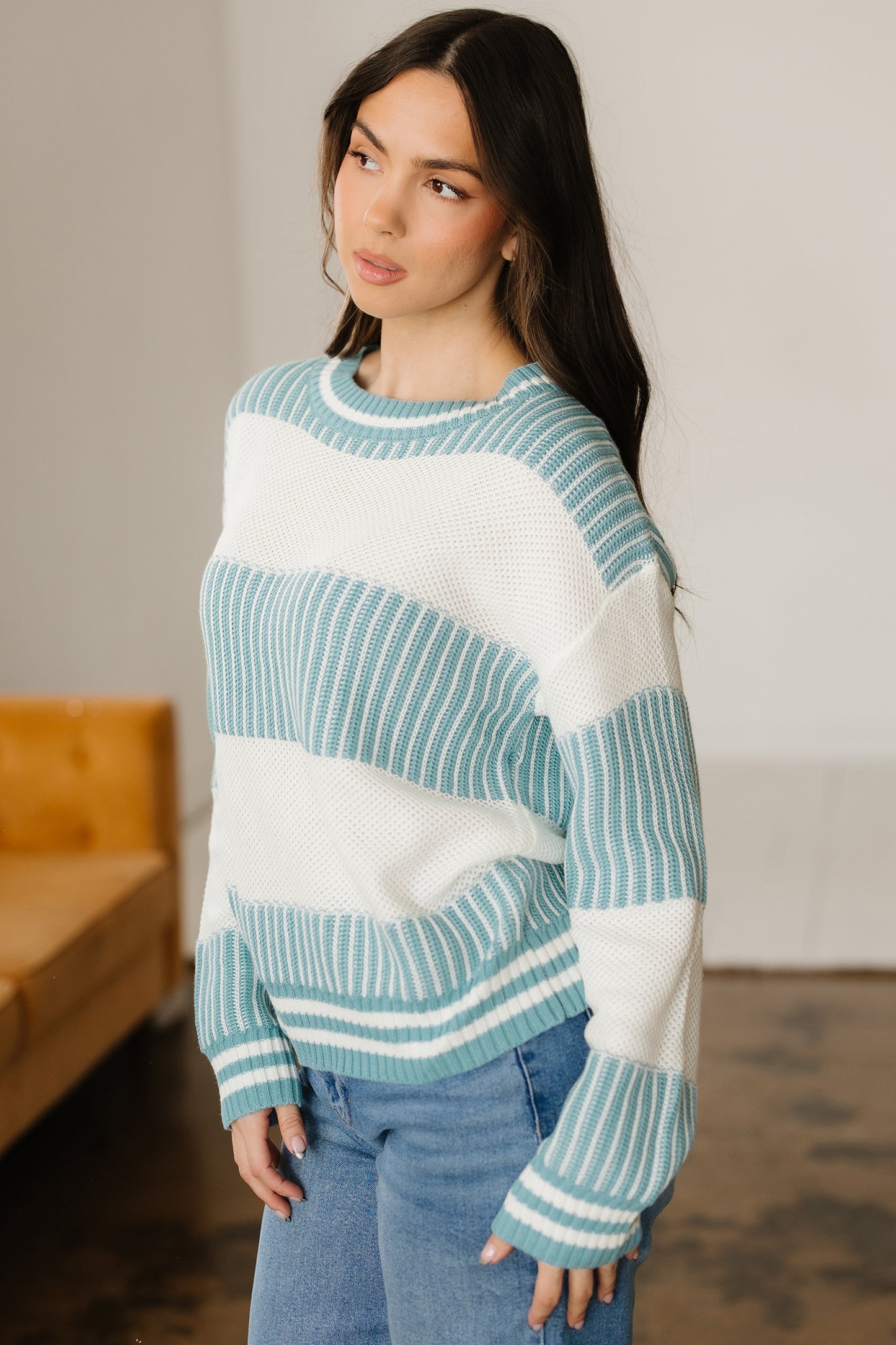 Two Tone Striped Patchwork Drop Shoulder Loose Sweater