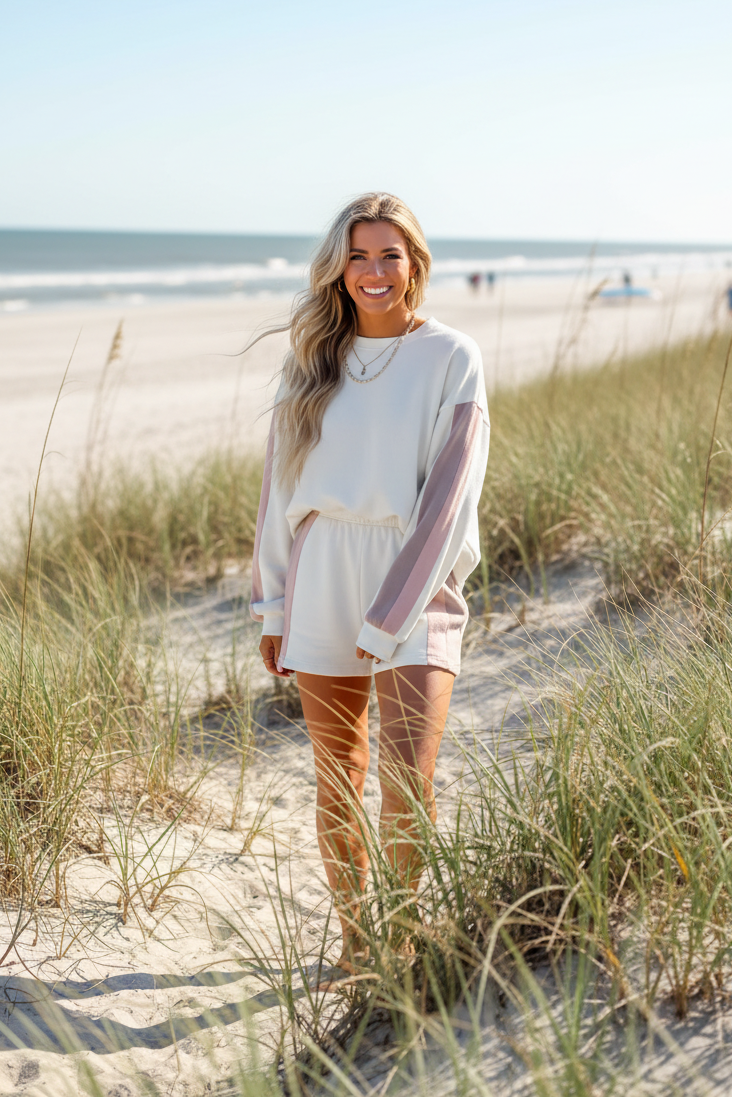 White Patchwork Two Piece Short Set – Oversized Pullover Lounge Set