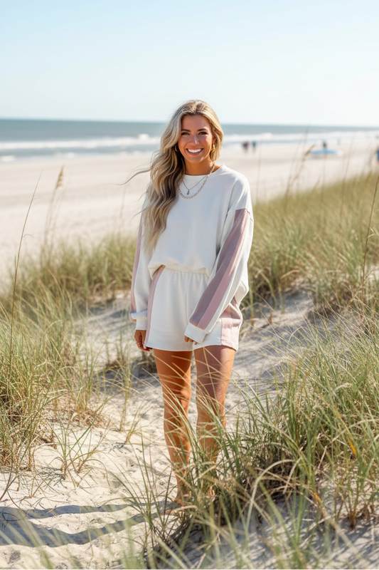 White Patchwork Two Piece Short Set – Oversized Pullover Lounge Set