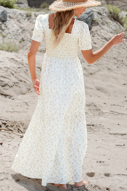 White Floral Shirred Maxi Dress – Square Neck Puff Sleeve Tiered Dress