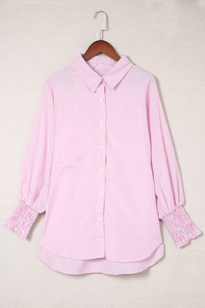 Striped Oversized Button Up Shirt – Smocked Cuff Coastal Top