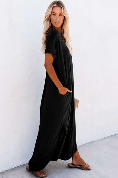 V Neck Maxi T Shirt Dress – Side Split Casual Dress with Pockets