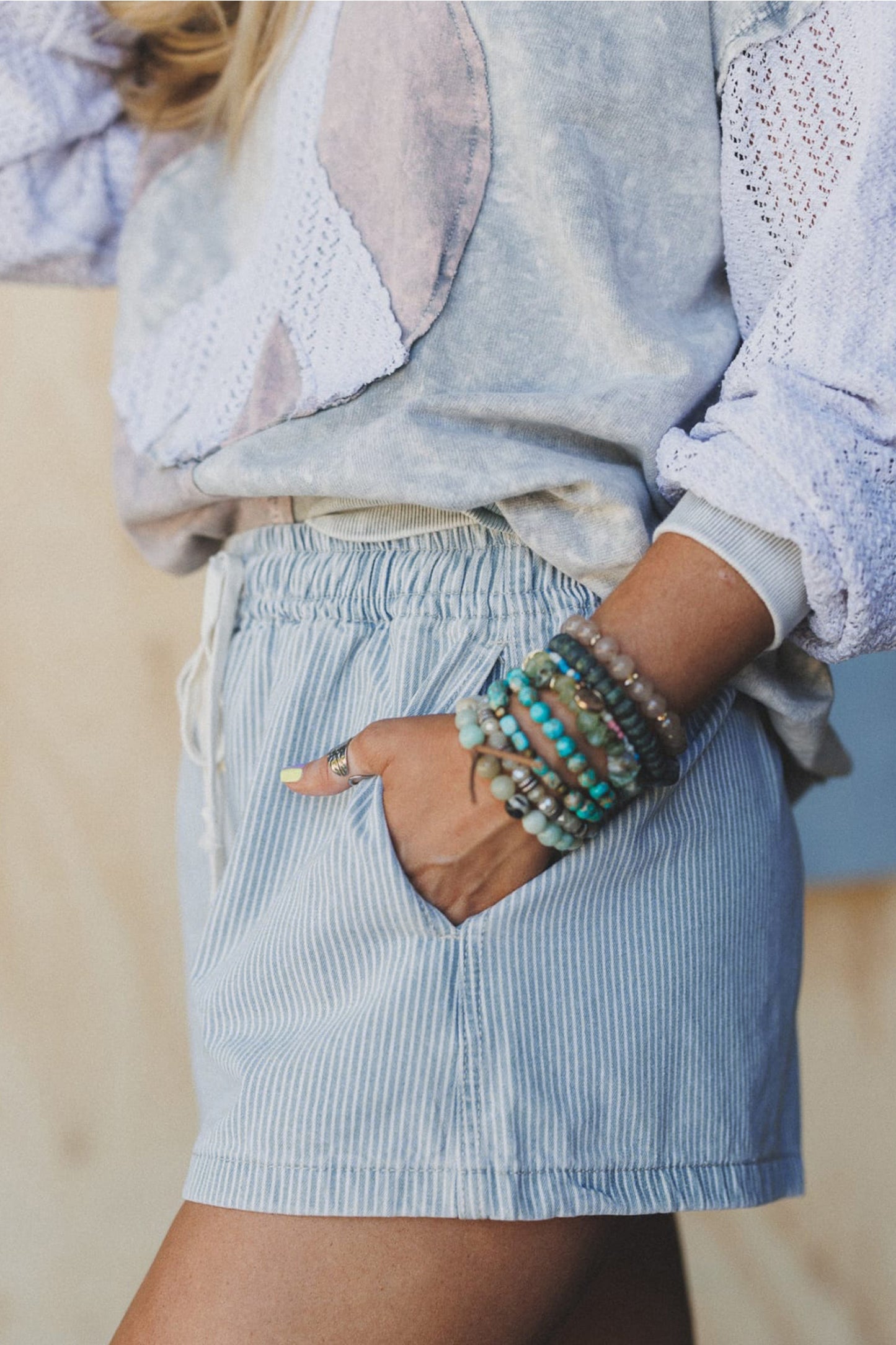 Sky Blue Stripe Denim Shorts – High Waist Drawstring Summer Shorts