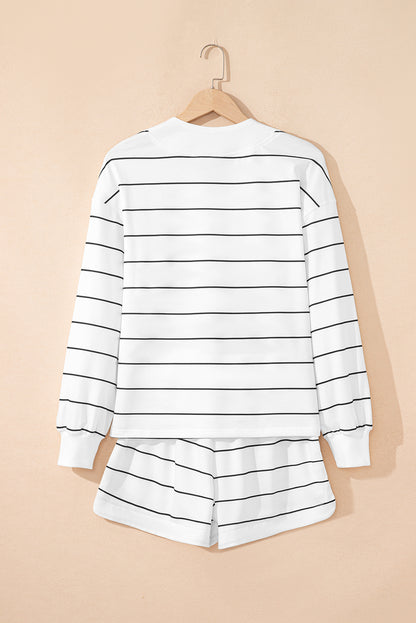 White Striped Pullover + Shorts Set 2pcs Outfit