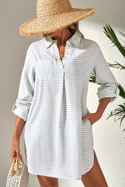 White Stripe Beach Cover Up Shirt – Collared Long Sleeve Button Down