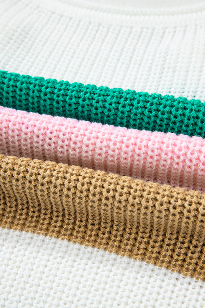 Multicolor Colorblock Knit T Shirt – V Neck Striped Short Sleeve Sweater