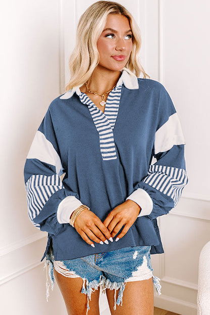 Dark Blue Colorblock Patchwork Pullover