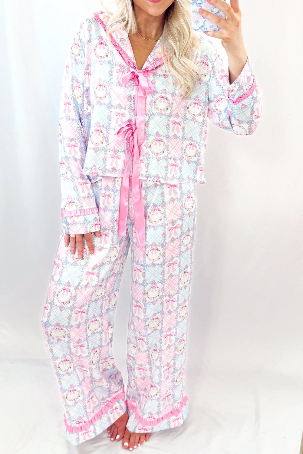 Pink Christmas Bow Wreath Pajama Set – Festive Holiday Comfort