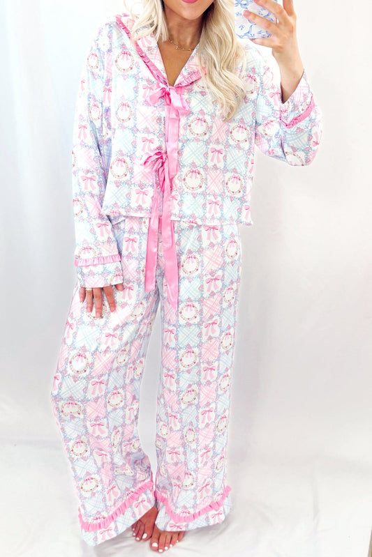 Pink Christmas Bow Wreath Pajama Set – Festive Holiday Comfort