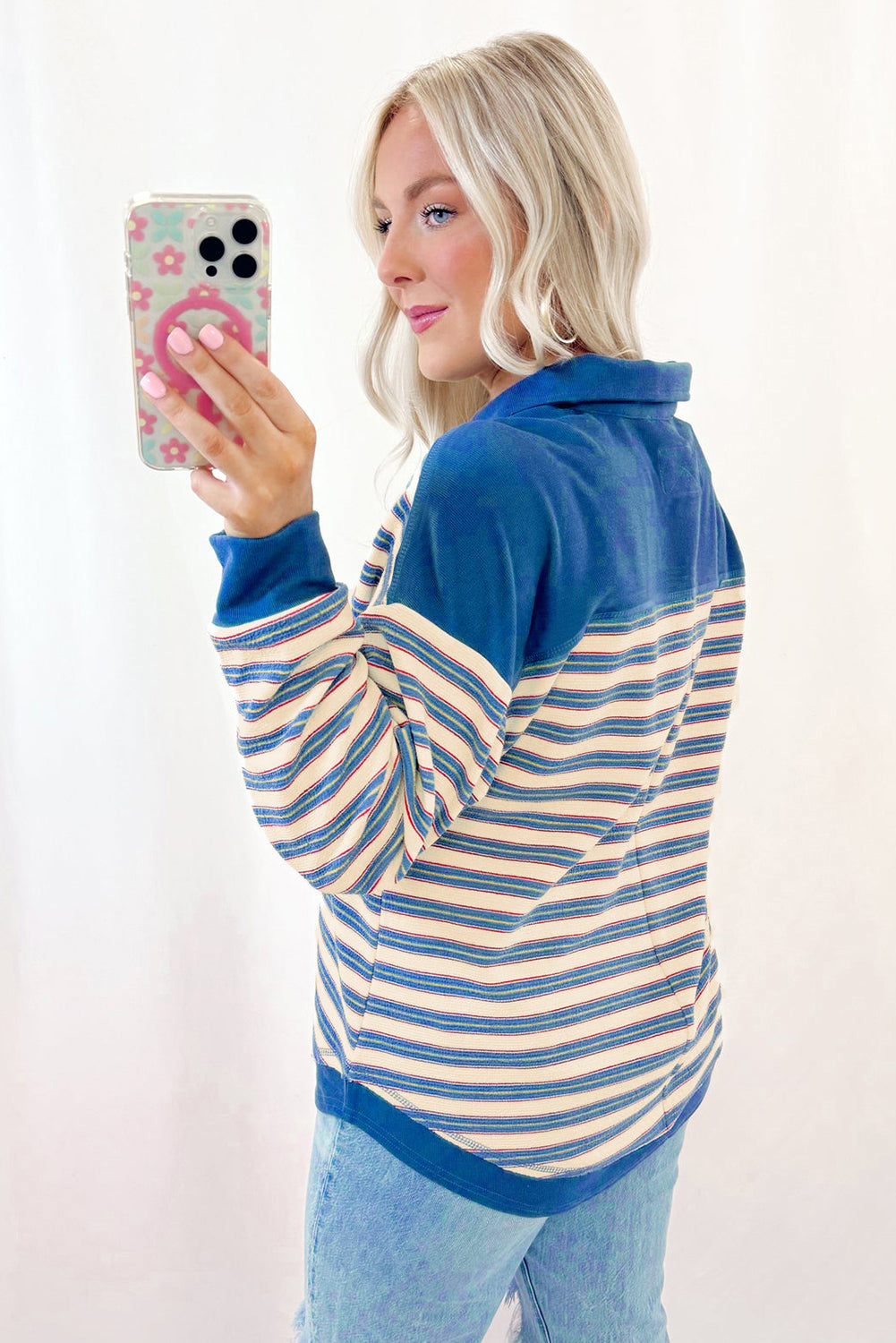 Striped Collared V-Neck Button Top