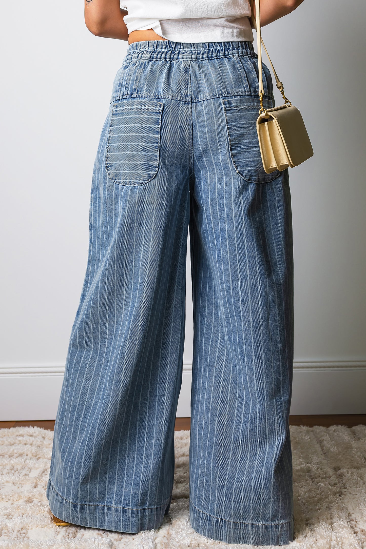 Sky Blue Stripe Wide Leg Bohemian Jeans – Drawstring Waist Striped Denim Pants